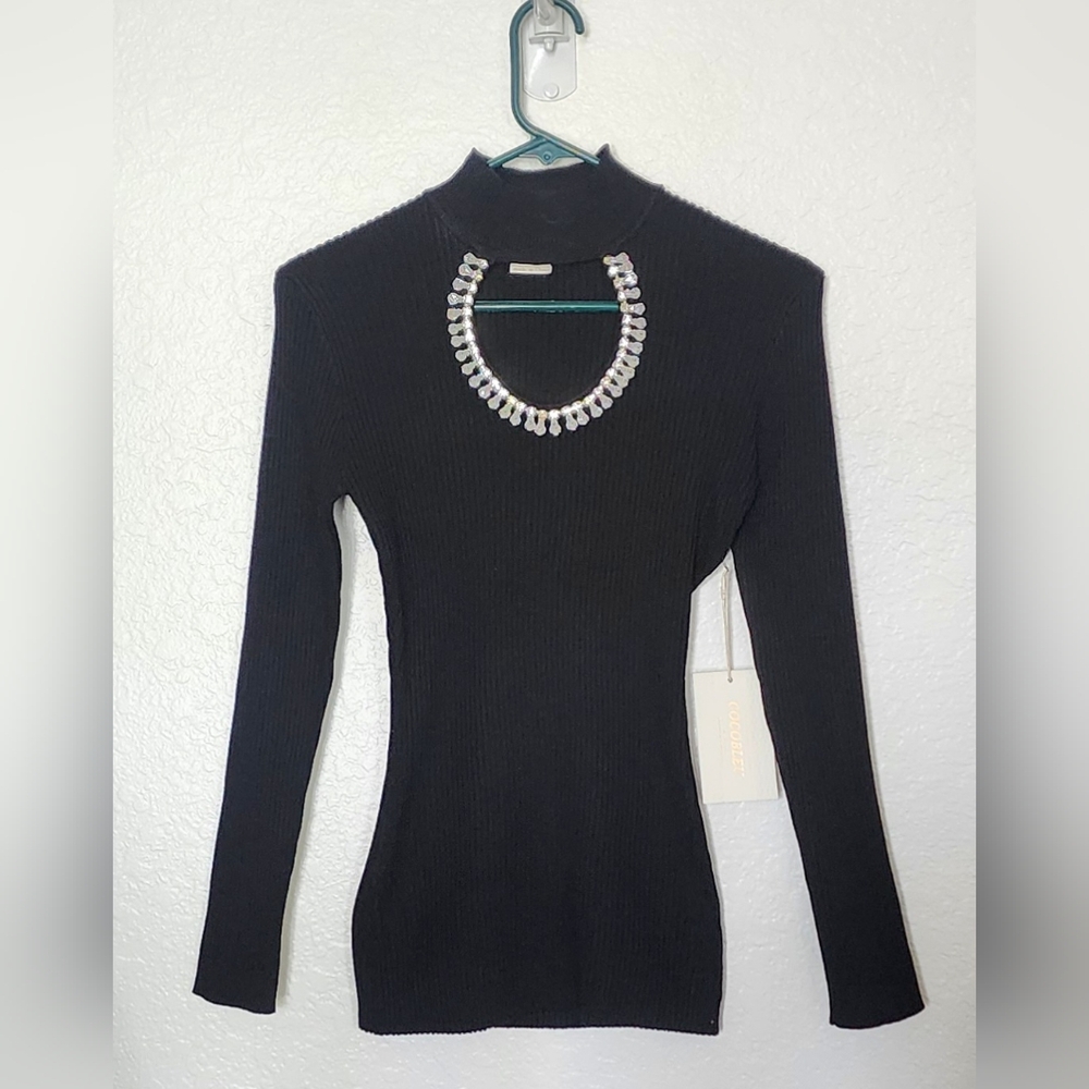 COCOBLEU New York Women's Black Long Sleeve Top, Beaded Neckline. Size S - Picture 1 of 8